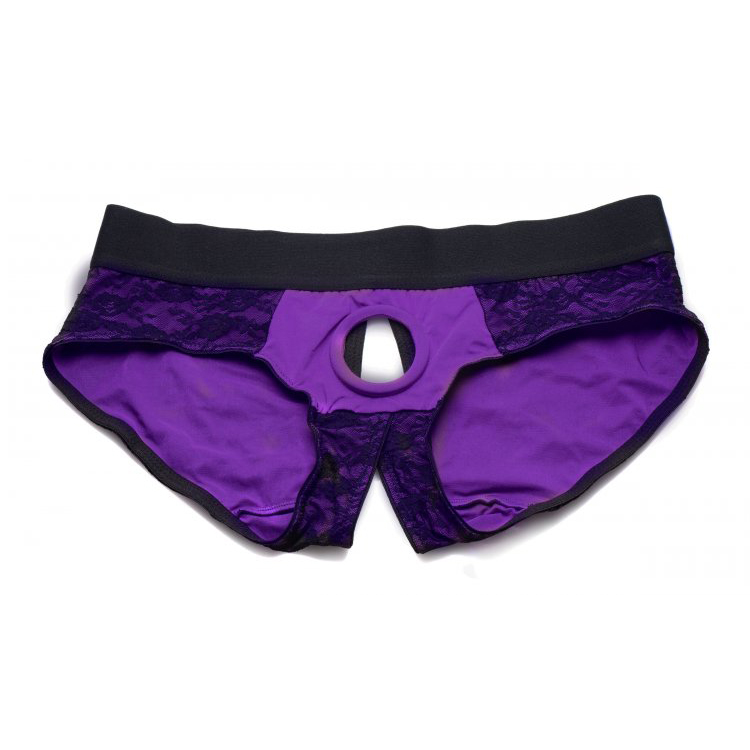 Strap U Lace Envy Lace Crotchless Panty Harness Purple/Black S/M - Image 2