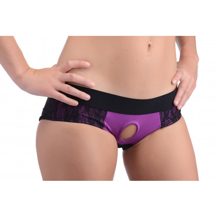 Strap U Lace Envy Lace Crotchless Panty Harness Purple/Black S/M - Image 3