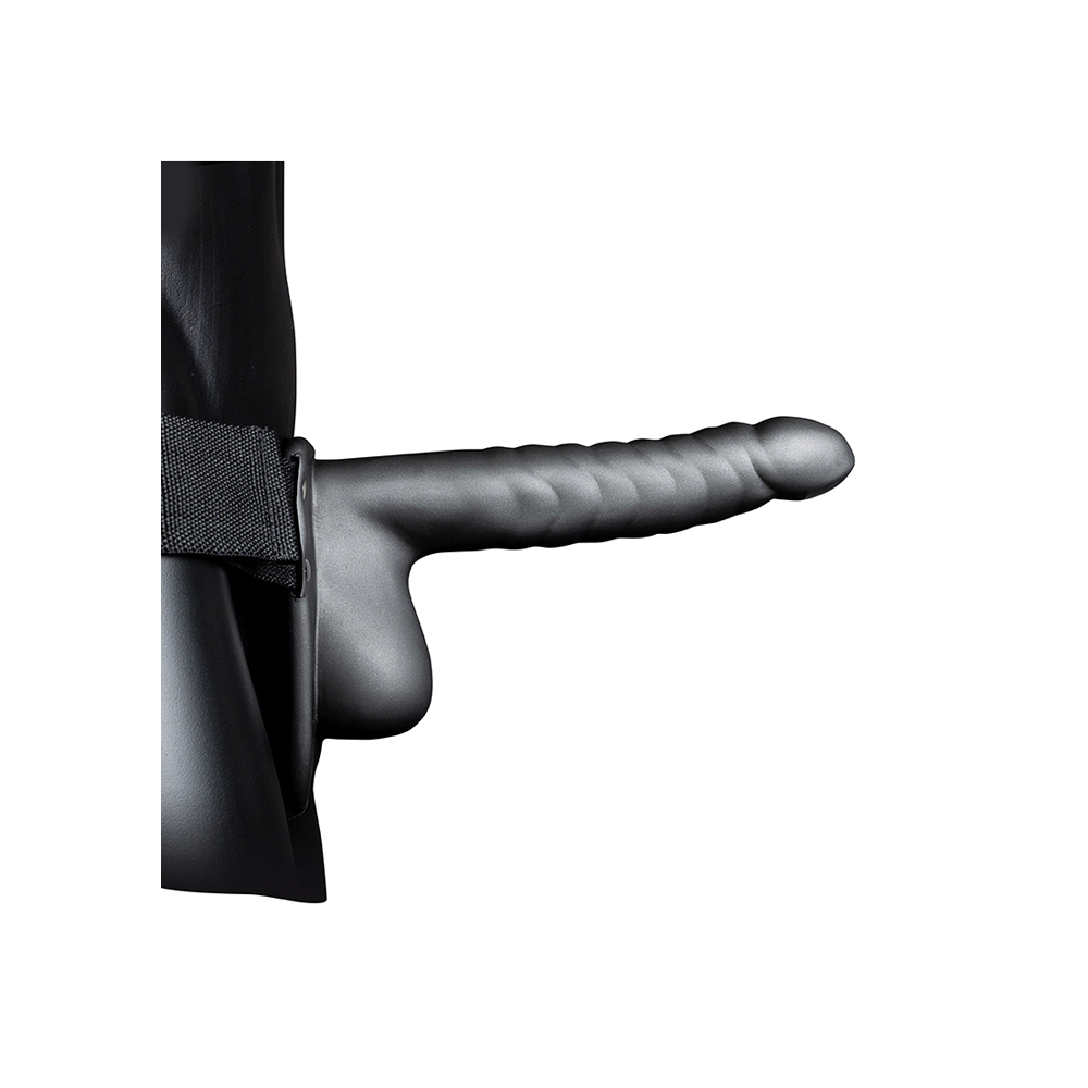 Ouch! Ribbed Hollow Strap-On With Balls 8" Gun Metal - Image 2